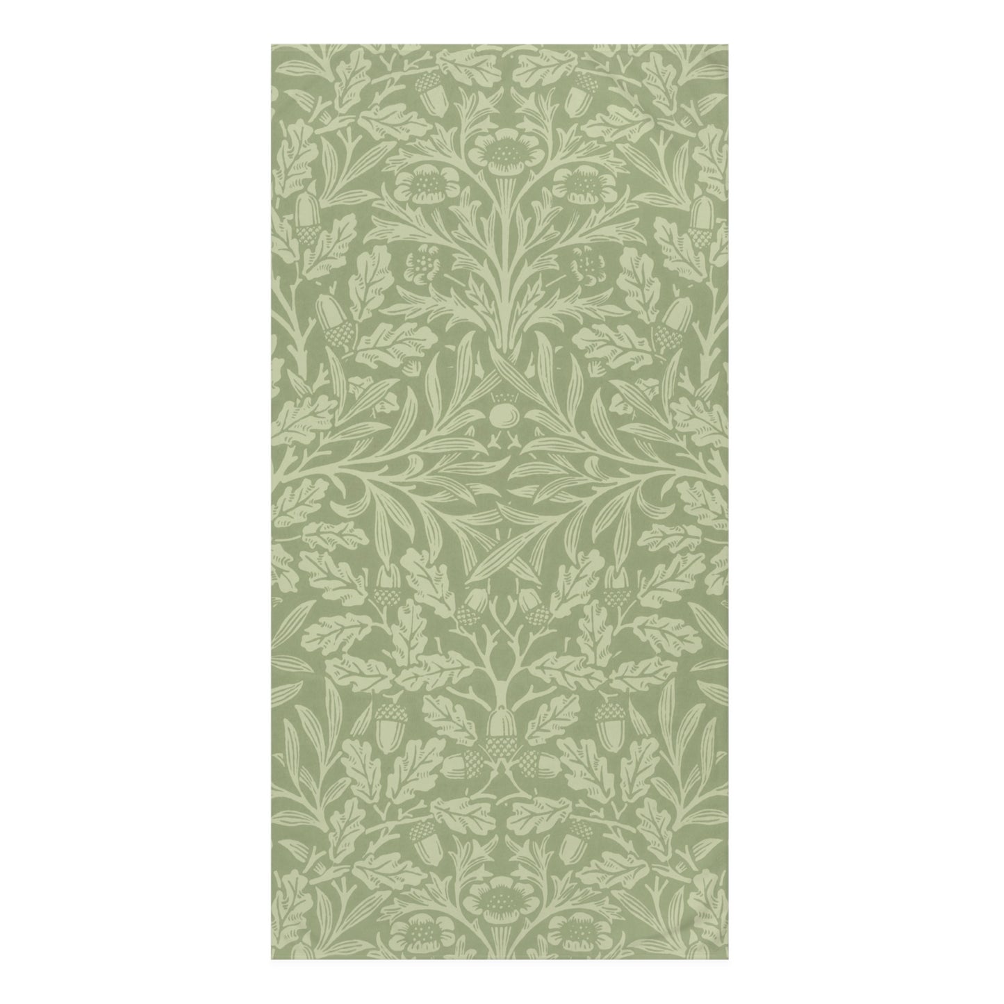 A vertical rectangular bath towel featuring a repeating botanical pattern in pale sage green and off-white, shown against a white background.