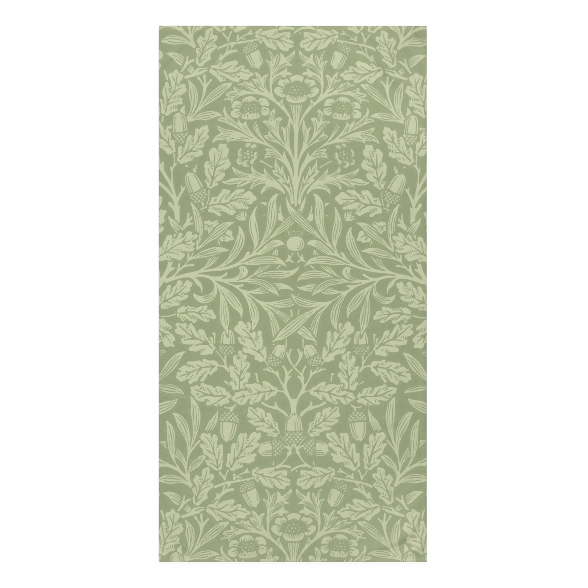 A vertical rectangular bath towel featuring a repeating botanical pattern in pale sage green and off-white, shown against a white background.