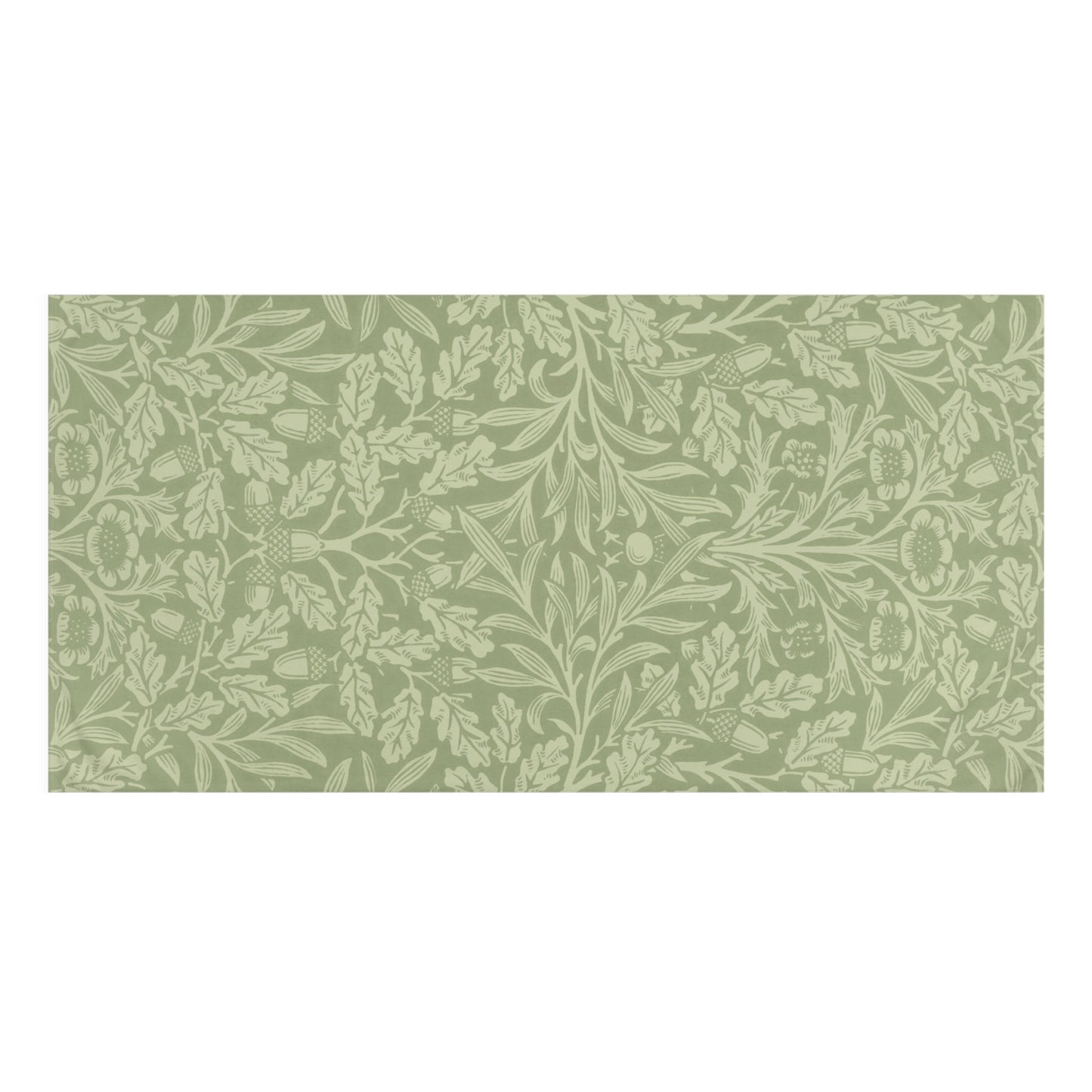 A rectangular bath towel featuring a classic botanical and floral pattern in sage green and light olive green, shown against a plain white background.
