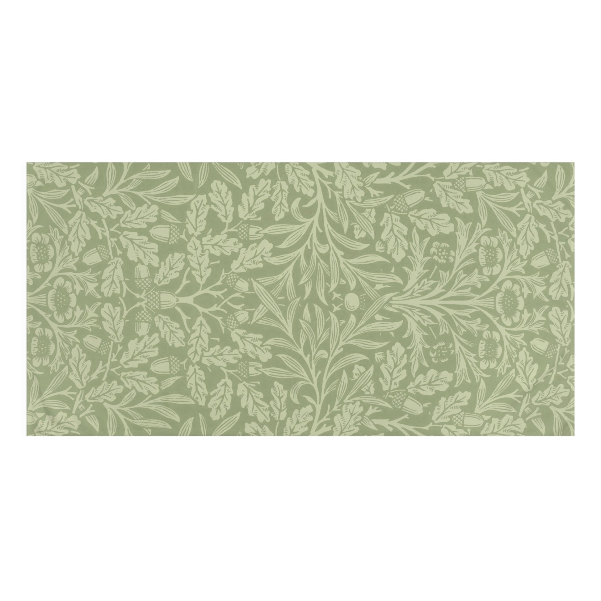 A rectangular bath towel featuring a classic botanical and floral pattern in sage green and light olive green, shown against a plain white background.