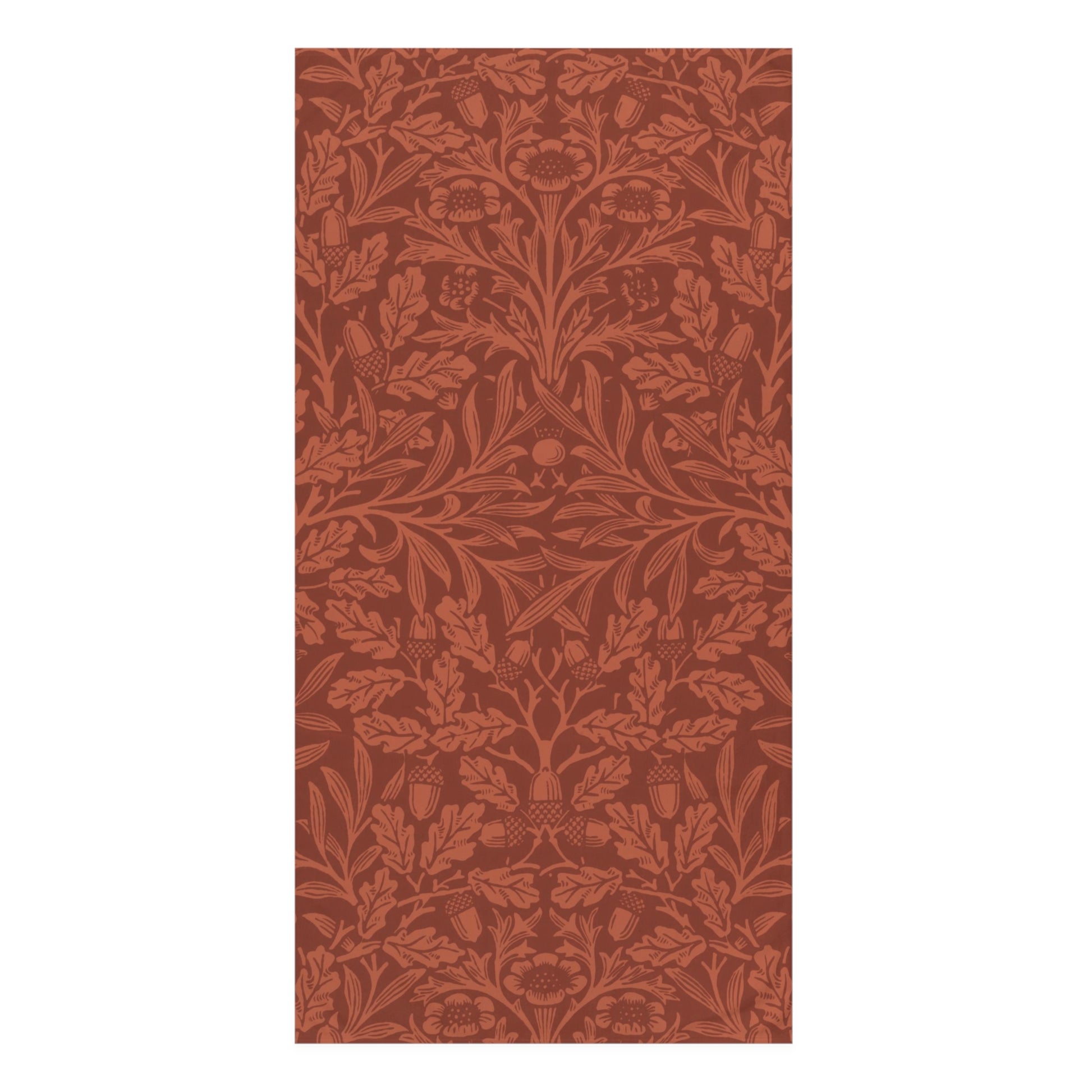 A vertical rectangular panel featuring a repeating botanical pattern in terracotta and rust tones, centered on a light gray background.