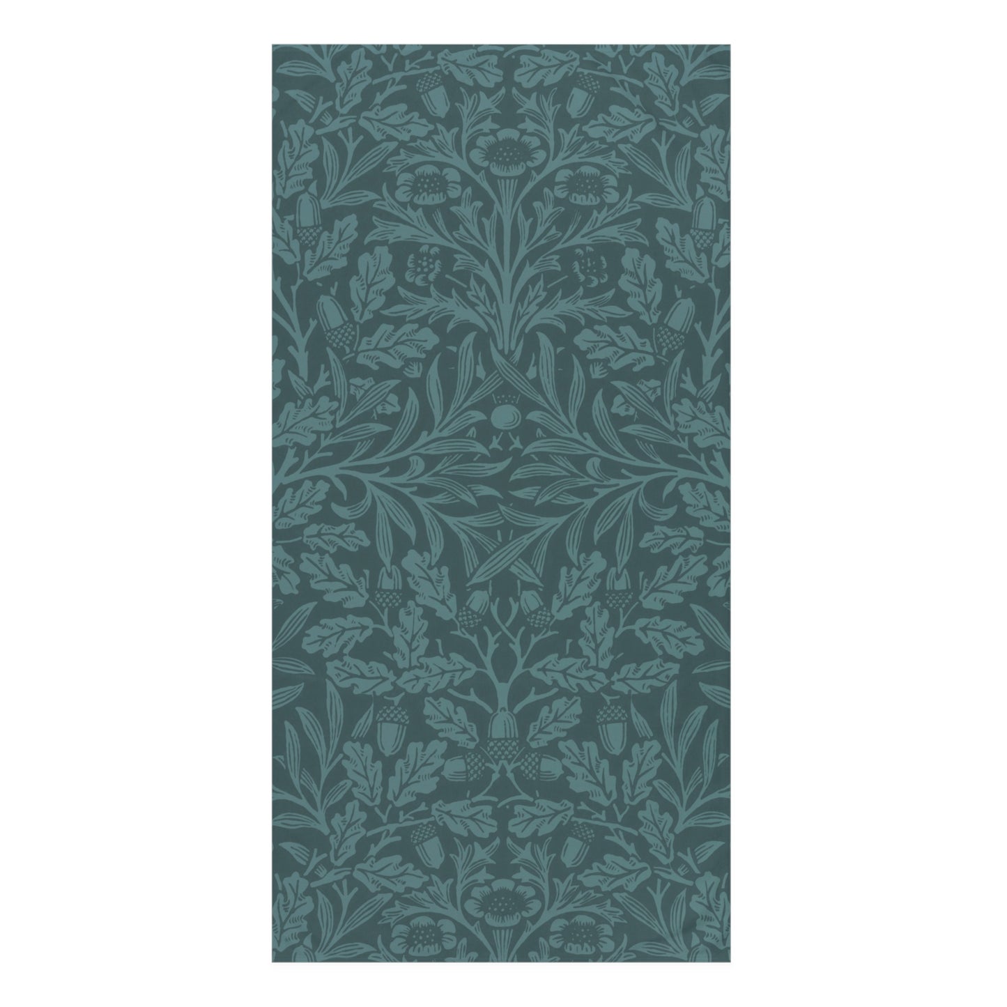 A rectangular bath towel featuring a classic botanical damask pattern in muted teal and dark gray-green tones, centered on a plain white background.
