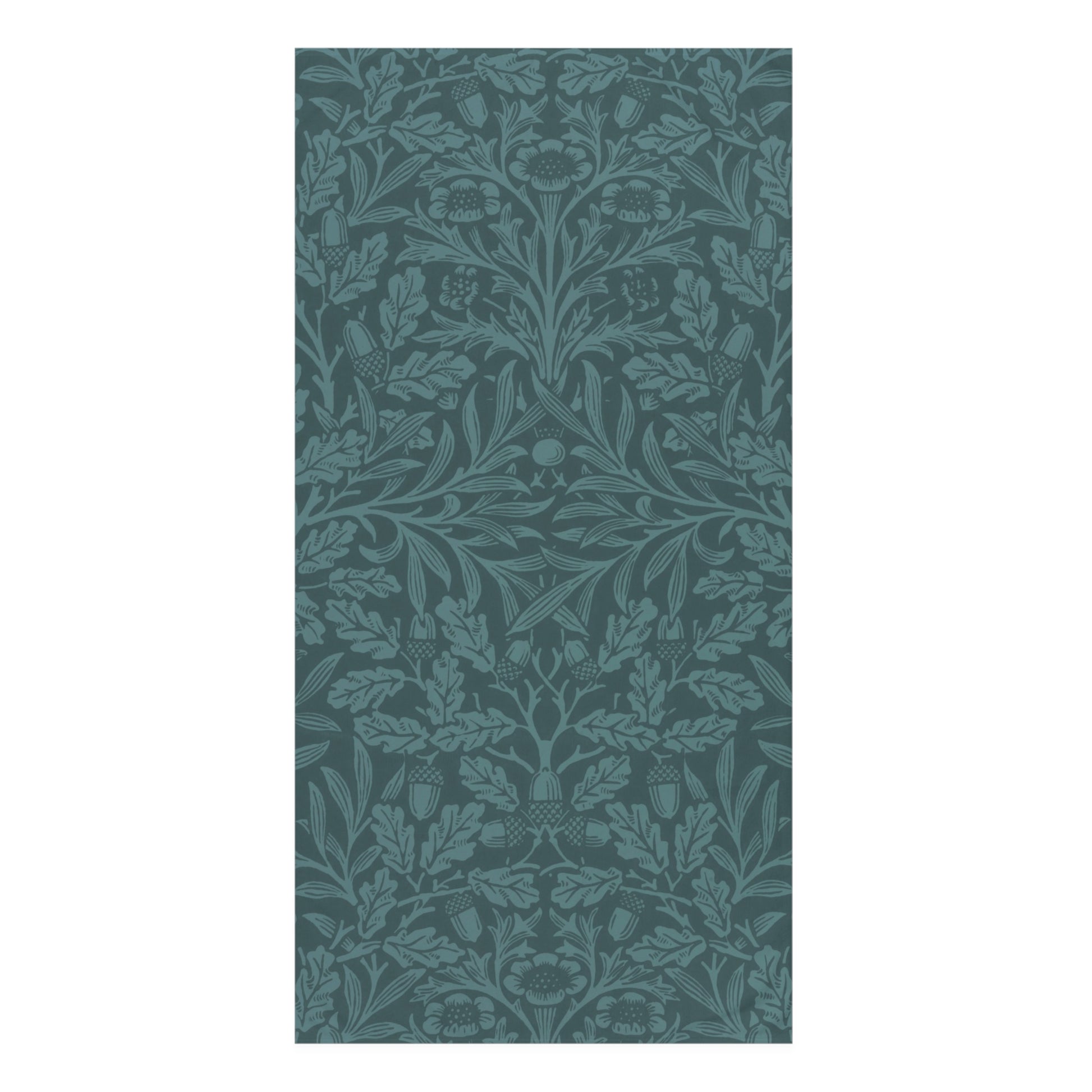 A rectangular bath towel featuring a classic botanical damask pattern in muted teal and dark gray-green tones, centered on a plain white background.