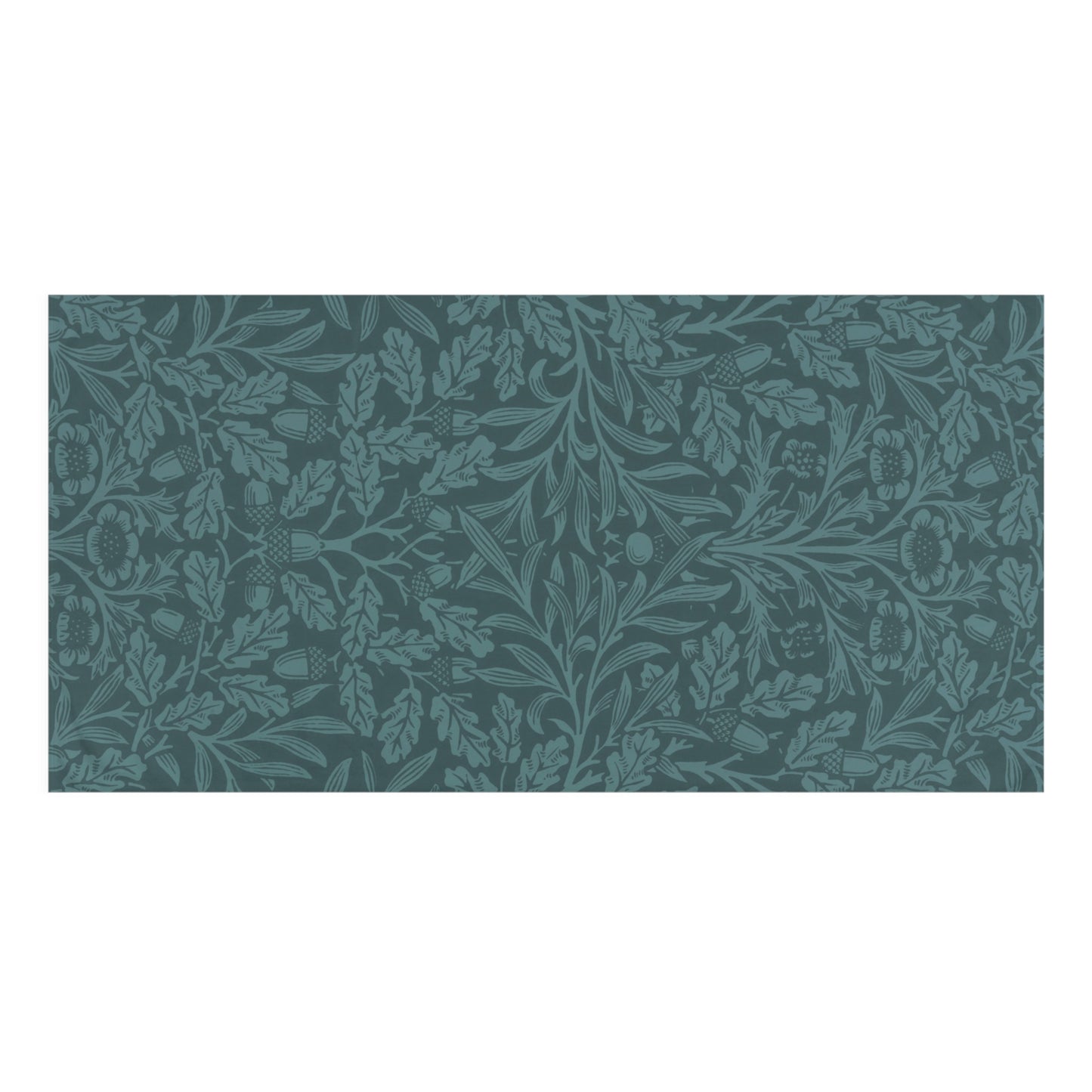 A rectangular bath towel featuring a classic William Morris-style botanical pattern in muted teal and dark teal tones, shown flat against a plain white background.