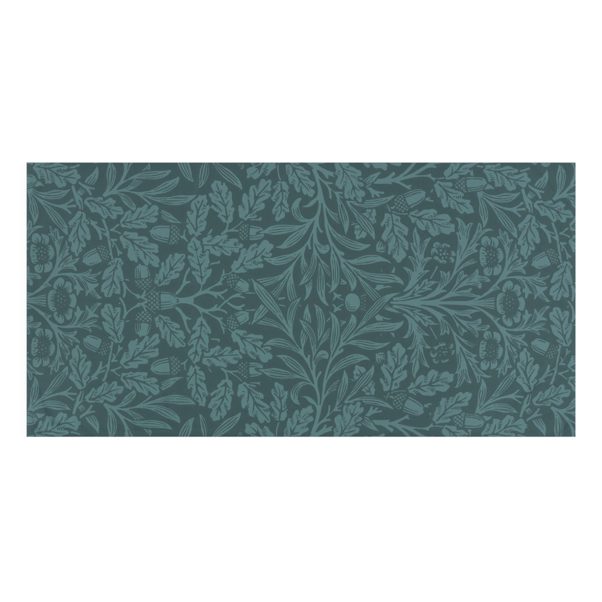 A rectangular bath towel featuring a classic William Morris-style botanical pattern in muted teal and dark teal tones, shown flat against a plain white background.