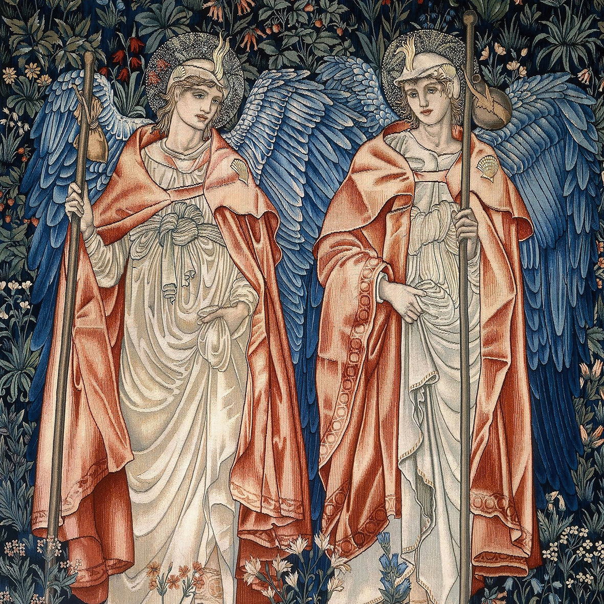 Two angelic figures with blue wings and ornate clothing against a floral background