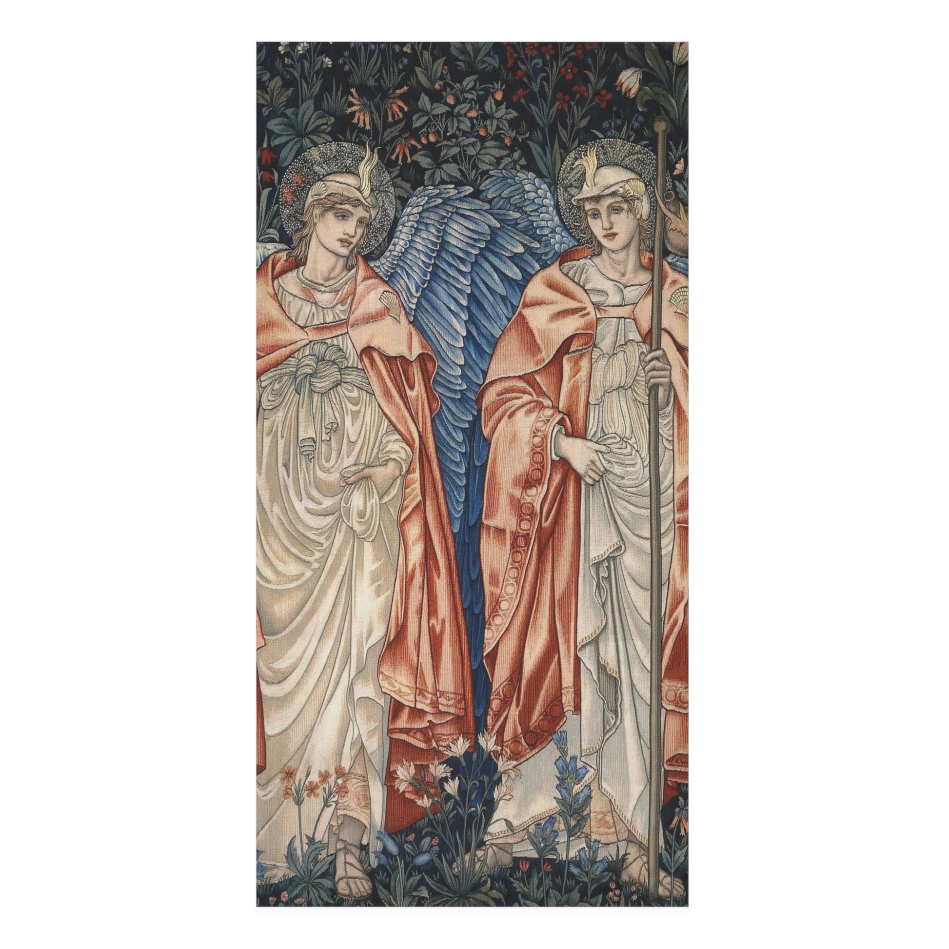 A vertical bath towel featuring two classical-style winged female figures in flowing cream and rust robes, standing among dark foliage and flowers. The artwork is centered on a plain white background.