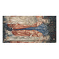 A rectangular bath towel featuring an Art Nouveau style illustration of two figures in flowing robes, one in red and one in blue, surrounded by dark foliage, shown against a plain white background.