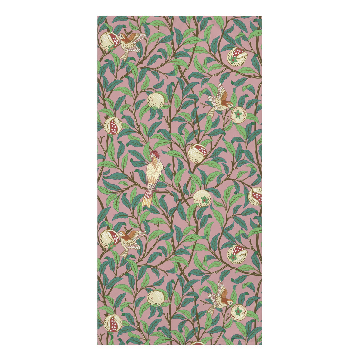 A rectangular bath towel featuring a repeating botanical and bird pattern on a dusty pink background, with green leaves, brown branches, cream pomegranate fruits, and small birds in beige and brown tones.h towel