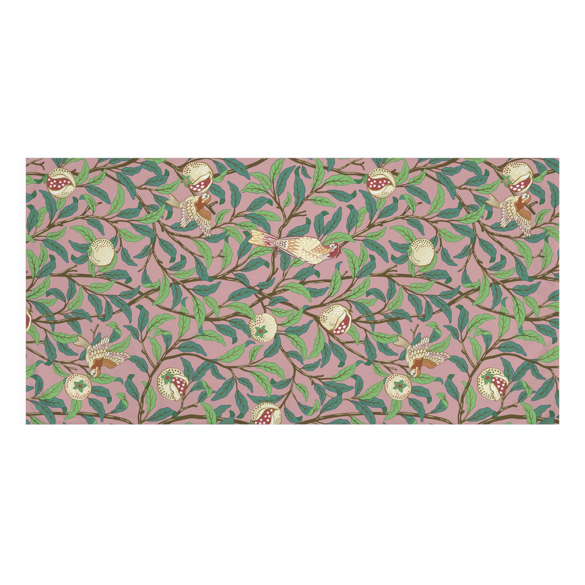 A rectangular bath towel featuring a repeating botanical and bird pattern on a dusty pink background, with green leaves, brown branches, cream flowers, and small birds in beige and red.