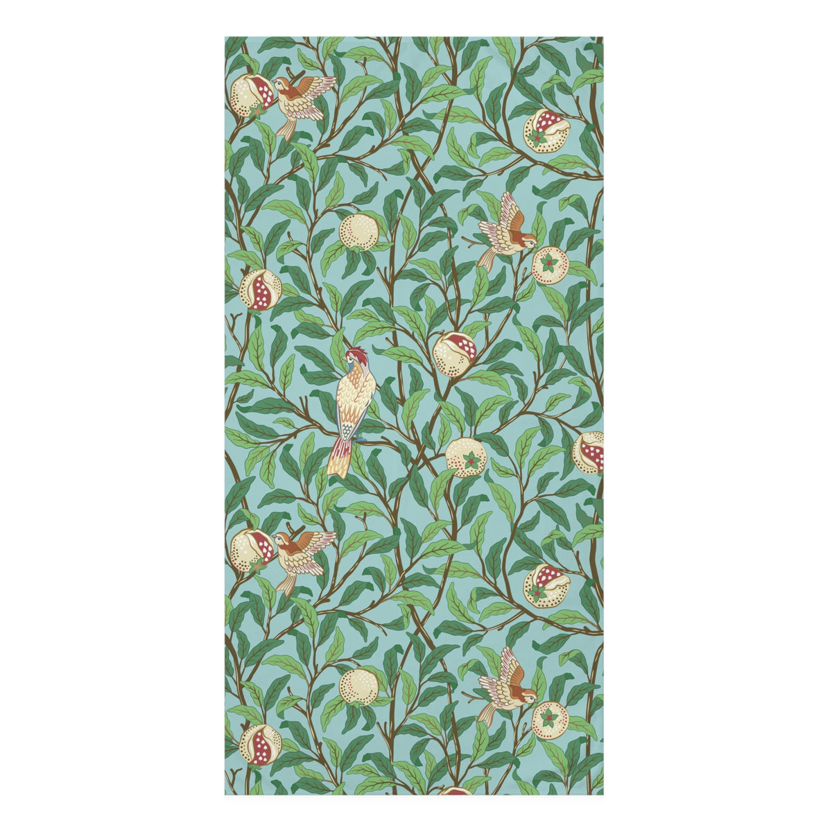 A rectangular bath towel featuring a repeating botanical pattern of green leaves, brown branches, cream pomegranate fruits, and small birds on a light blue-green background.