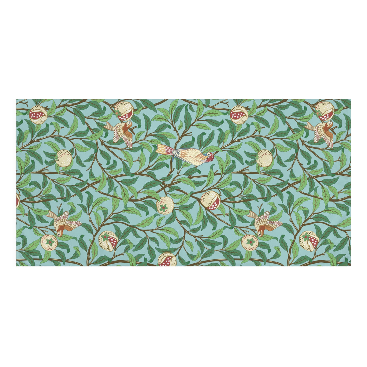 A rectangular bath towel featuring a repeating botanical pattern of green leaves, small pomegranate-like fruits, birds, and branches on a light aqua background.