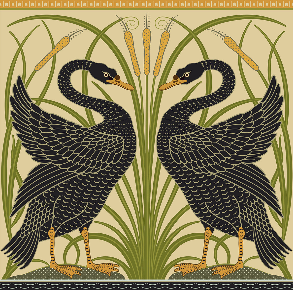 Decorative artwork of two black swans with green reeds and yellow flowers on a beige background.