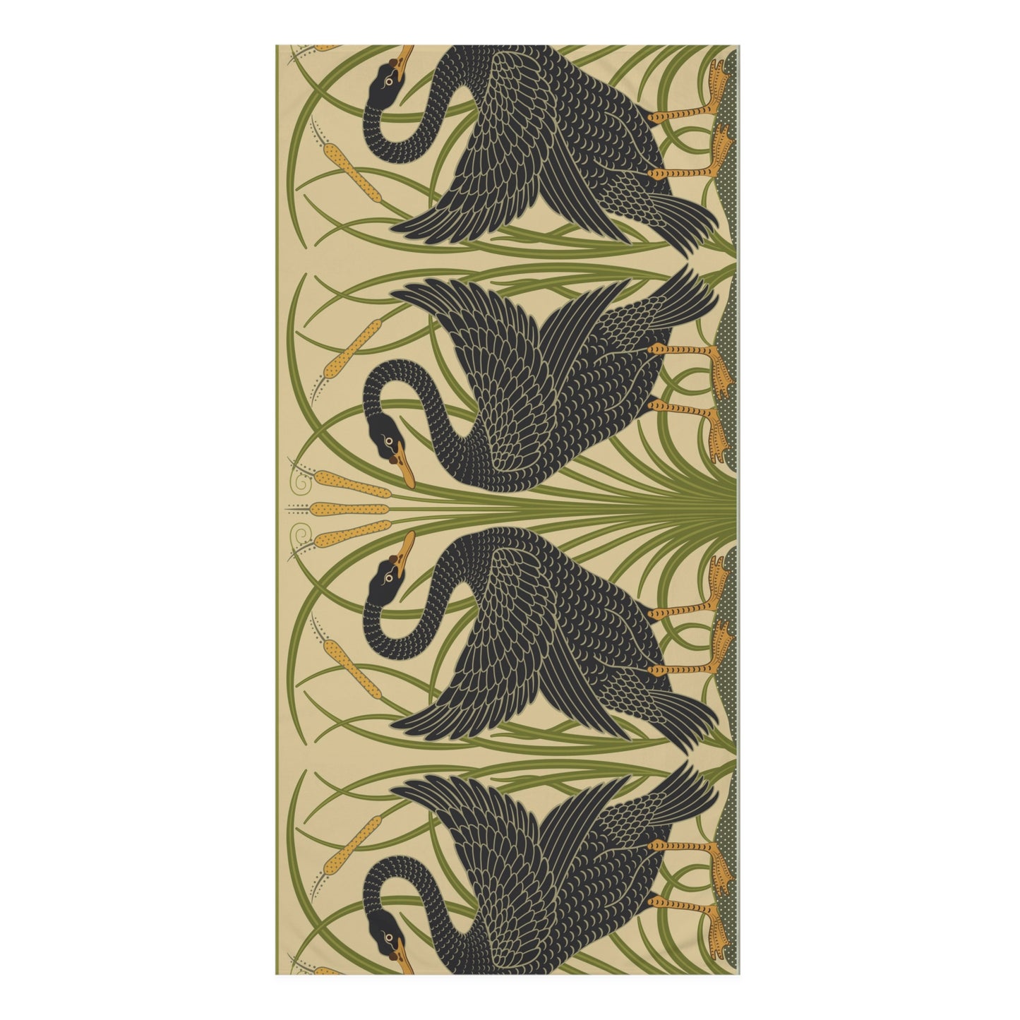 A vertical rectangular towel featuring a repeating pattern of black swans with green reeds and cattails on a warm beige background.