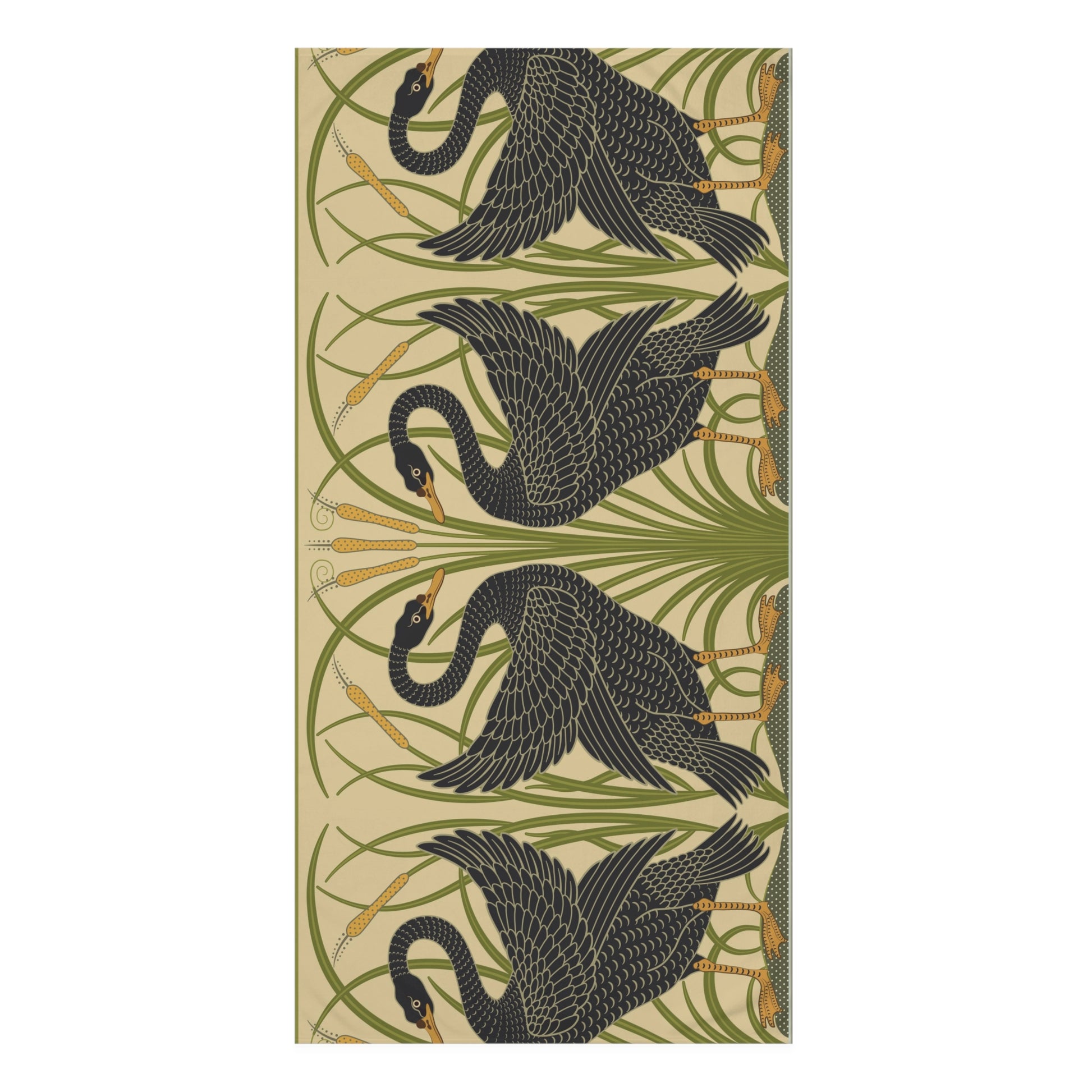 A vertical rectangular towel featuring a repeating pattern of black swans with green reeds and cattails on a warm beige background.