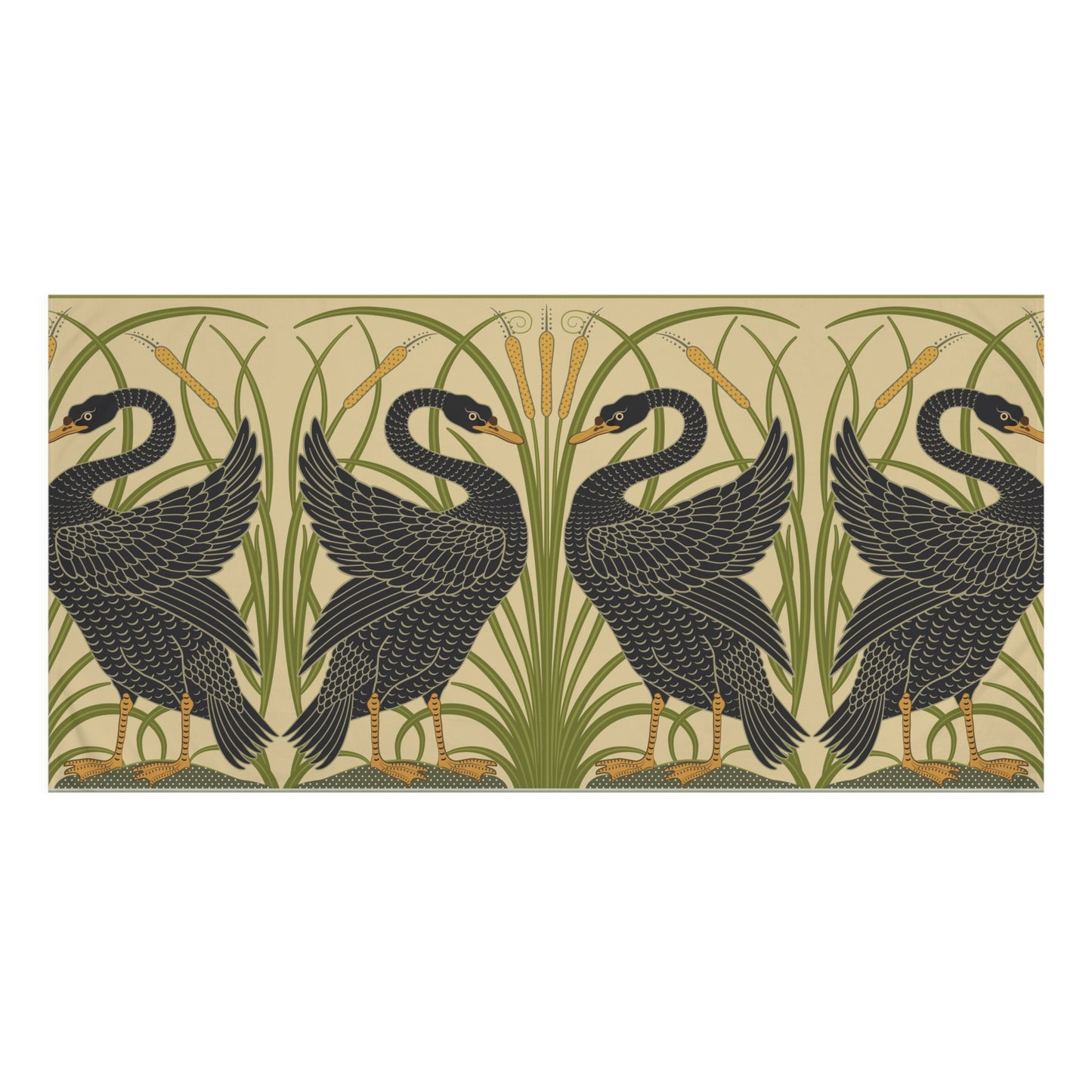 A rectangular textile or wallpaper panel featuring a repeating Art Nouveau-style pattern of four black swans with gold linework, green reeds, and tan cattails on a warm beige background.