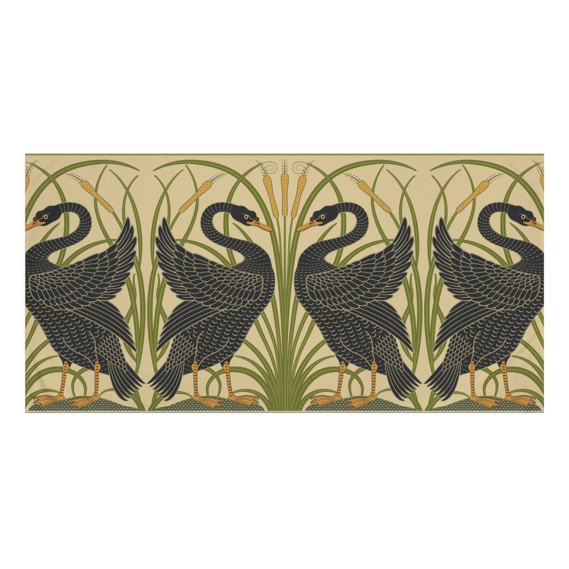 A rectangular textile or wallpaper panel featuring a repeating Art Nouveau-style pattern of four black swans with gold linework, green reeds, and tan cattails on a warm beige background.