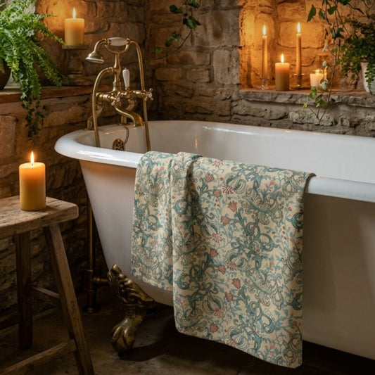 A vintage-style freestanding bathtub in a rustic stone bathroom setting with lit candles, a wooden stool, and a patterned bath towel draped over the side.