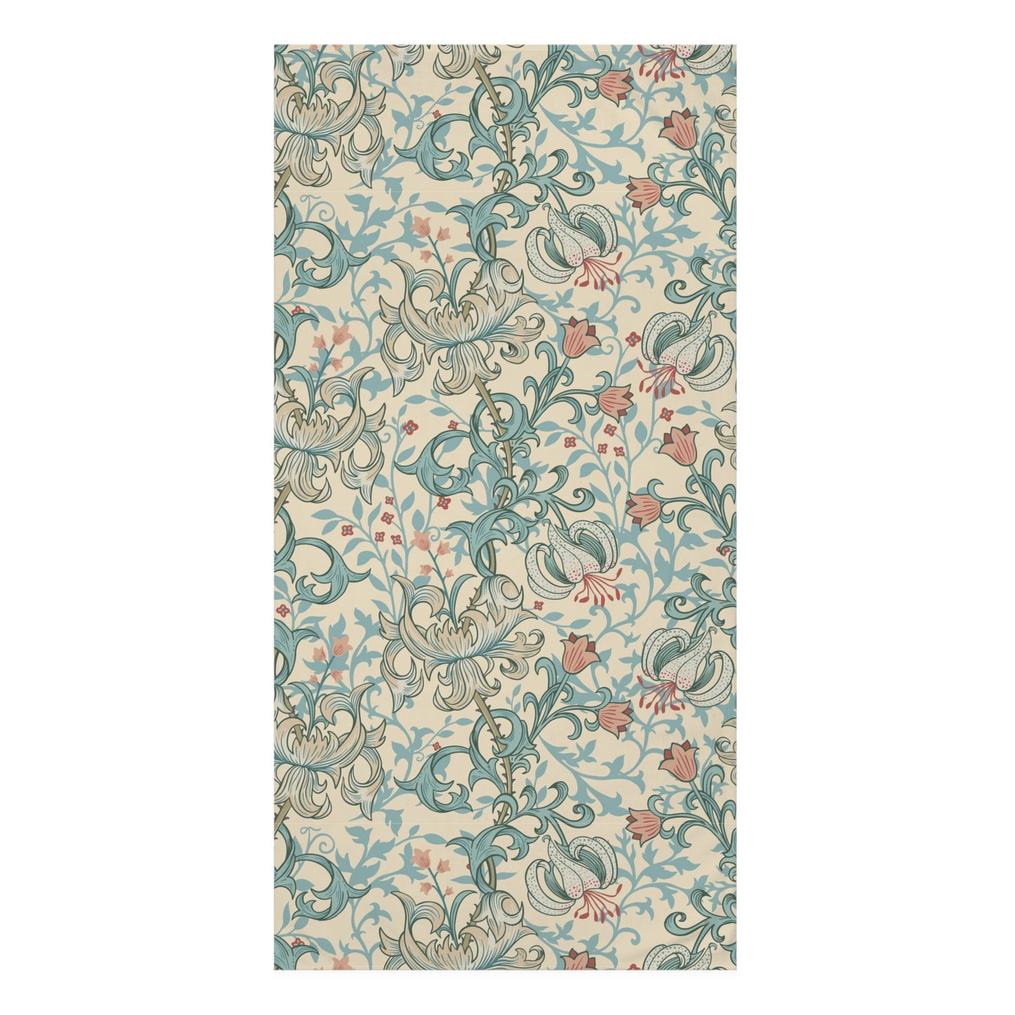 A rectangular area rug featuring a classic William Morris-style floral and scroll pattern in muted teal, dusty pink, and gray on a warm cream background.