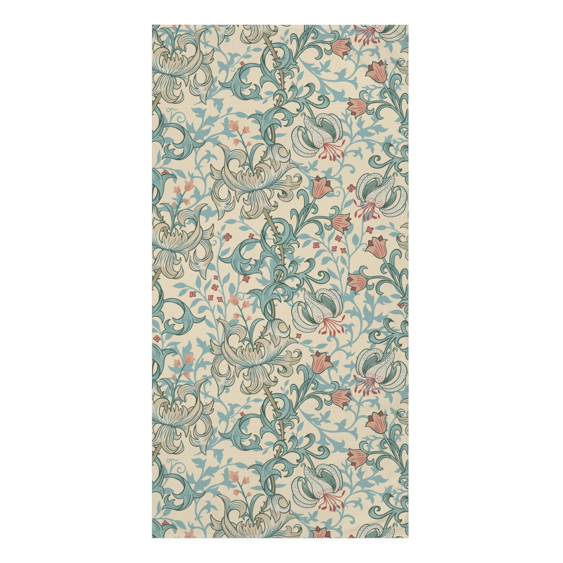 A rectangular area rug featuring a classic William Morris-style floral and scroll pattern in muted teal, dusty pink, and gray on a warm cream background.
