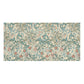 A rectangular area rug with a vintage botanical pattern featuring swirling vines, leaves, and small flowers in teal blue, dusty pink, and beige.