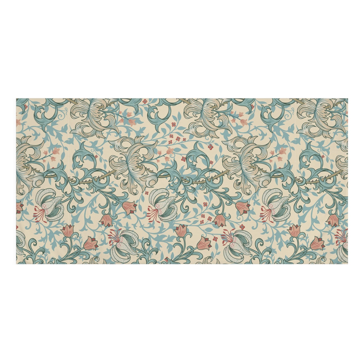 A rectangular area rug with a vintage botanical pattern featuring swirling vines, leaves, and small flowers in teal blue, dusty pink, and beige.