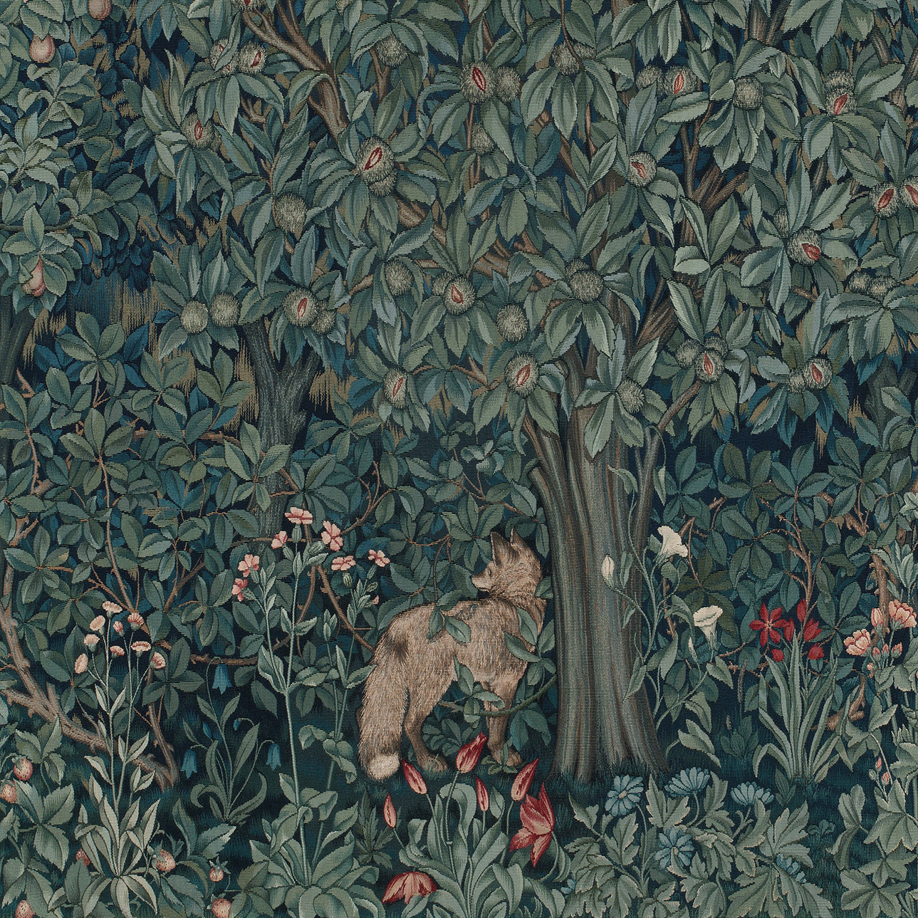 Folklore-style illustration of a wolf in a forest with trees, flowers, and birds.