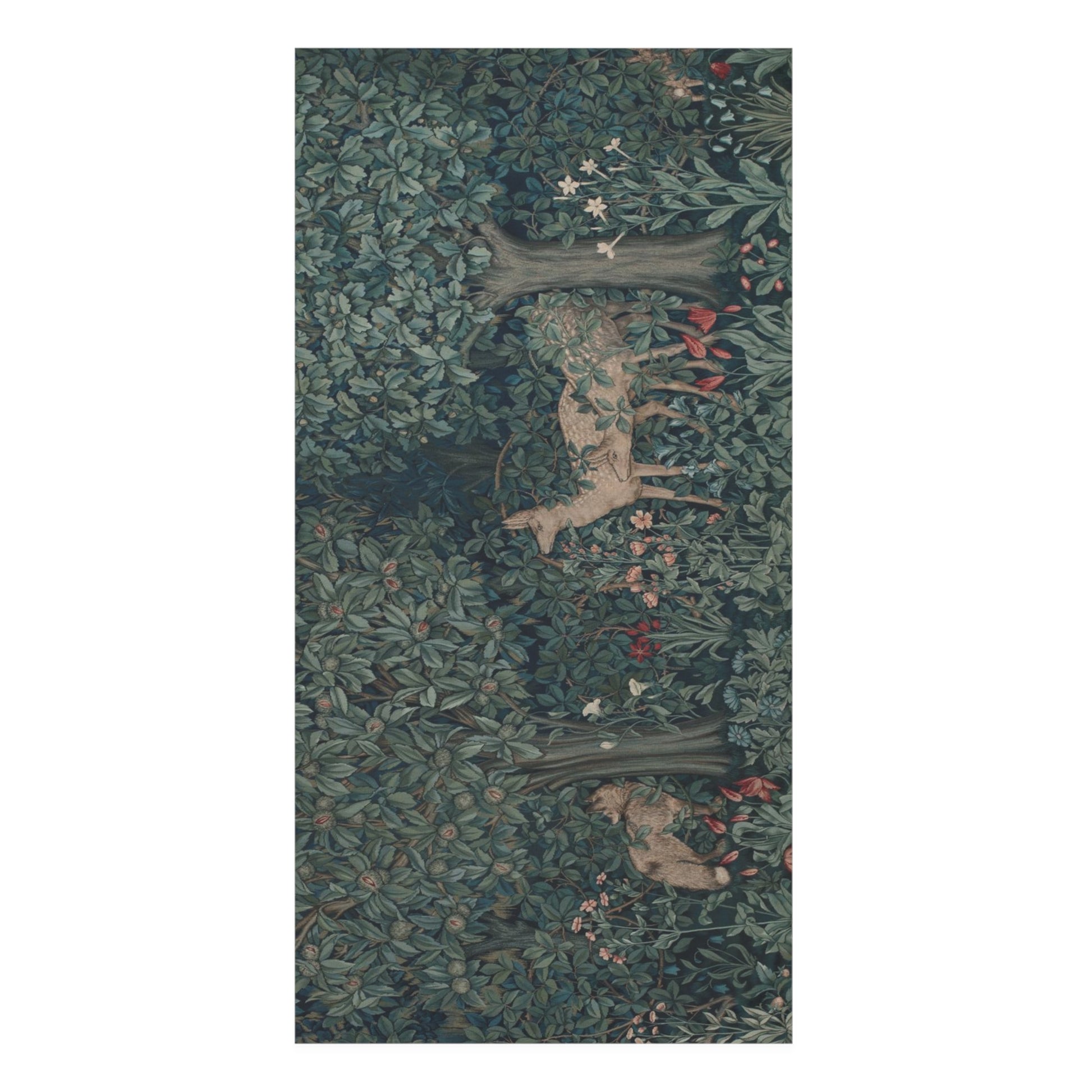A vertical rectangular bath towel featuring an ornate forest scene with dense green foliage, brown tree trunks, and small deer figures in muted beige and red accents, shown against a plain white background.