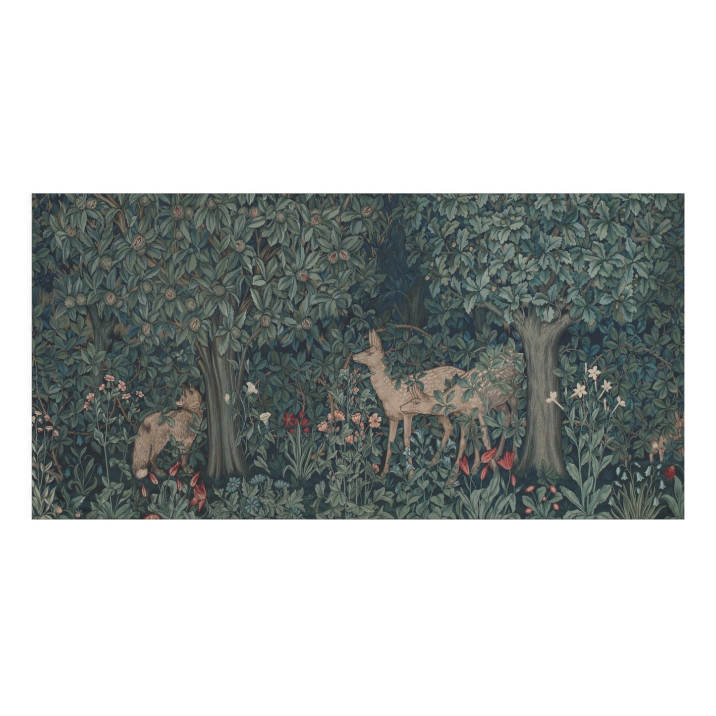 A bath towel featuring a detailed woodland scene with deer among leafy trees and small flowers, shown against a white background.