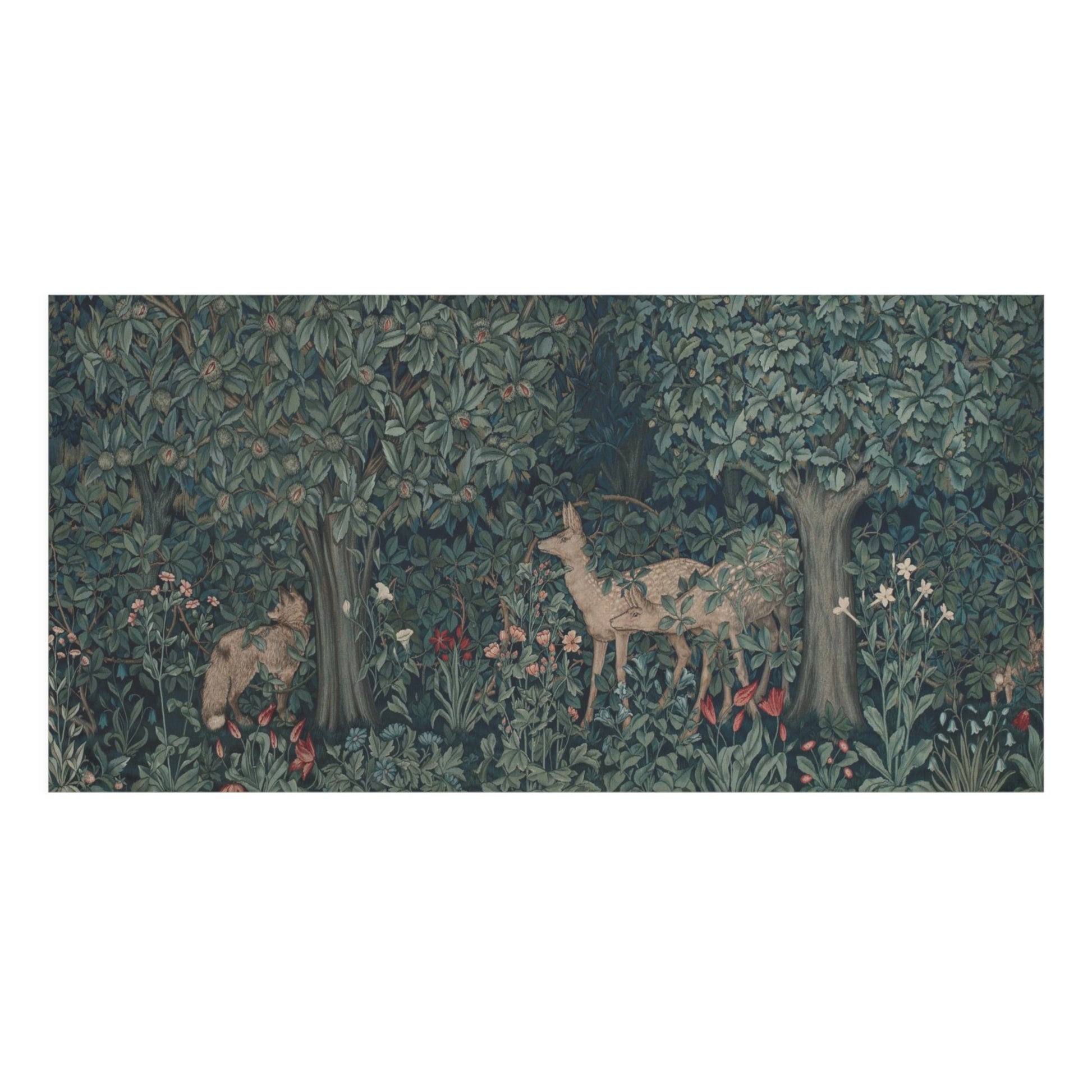 A bath towel featuring a detailed woodland scene with deer among leafy trees and small flowers, shown against a white background.