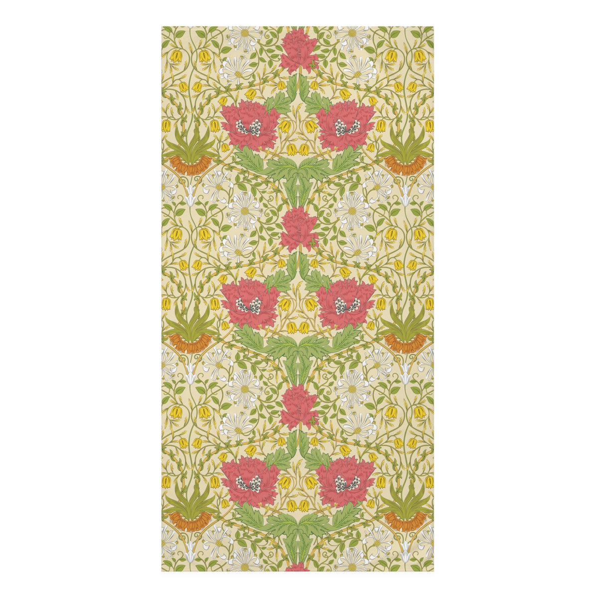 A vertical rectangular bath towel featuring an ornate floral pattern with pink flowers, green leaves, yellow accents, and small white blossoms on a warm cream background.