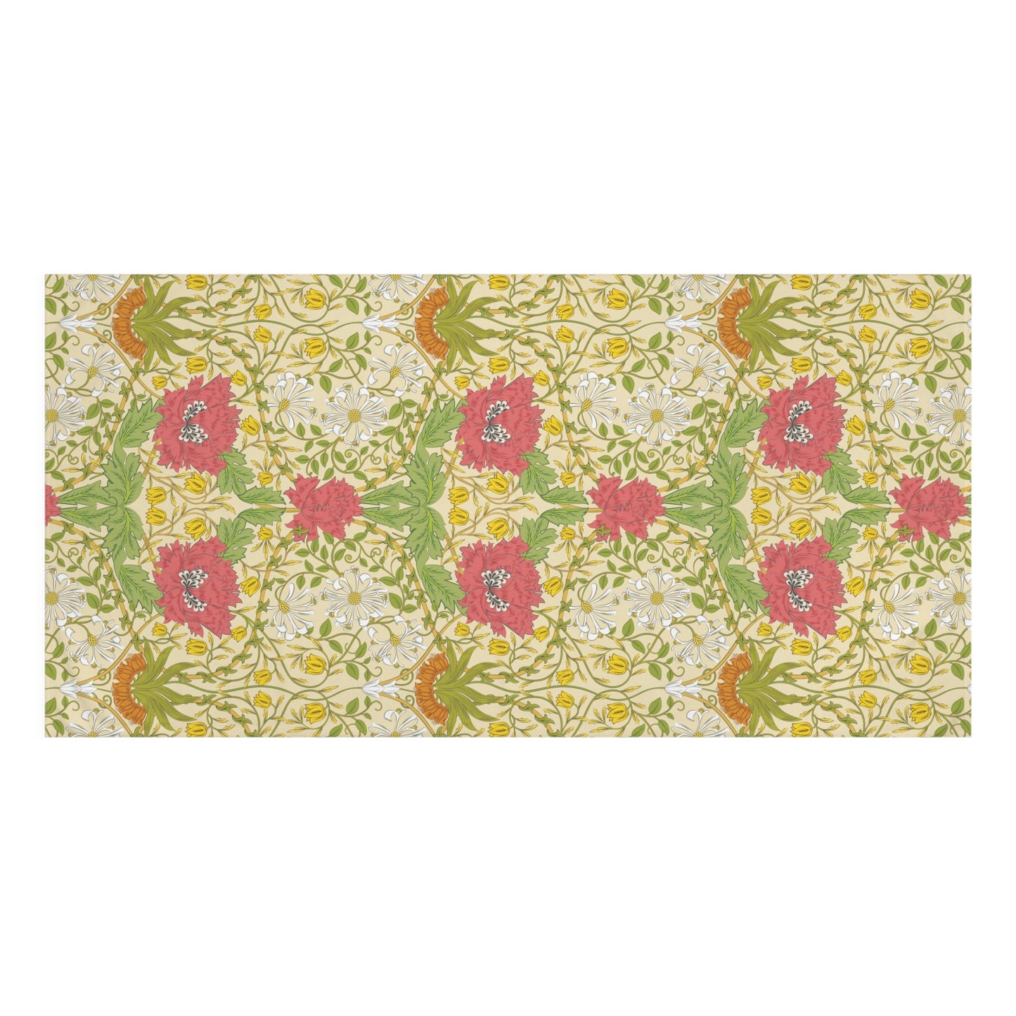 A rectangular bath towel with a repeating floral pattern on a cream background, featuring pink flowers, green leaves, yellow daisies, and orange-brown accents.