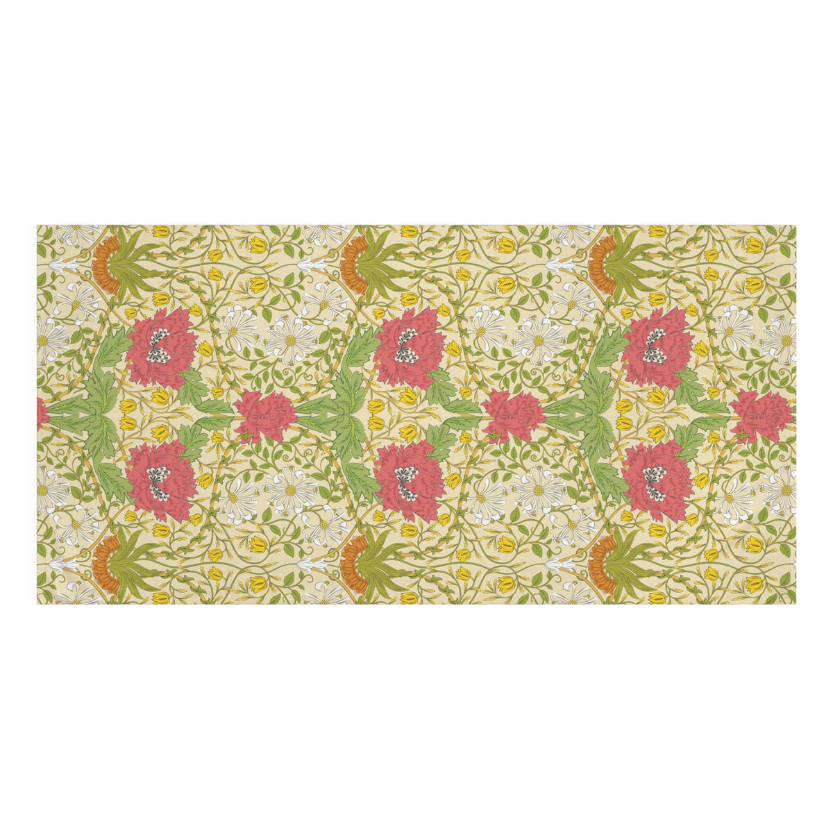 A rectangular bath towel with a repeating floral pattern on a cream background, featuring pink flowers, green leaves, yellow daisies, and orange-brown accents.
