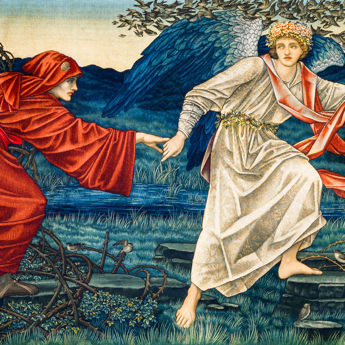 Two figures in classical attire holding hands by a body of water with a large bird in the background.