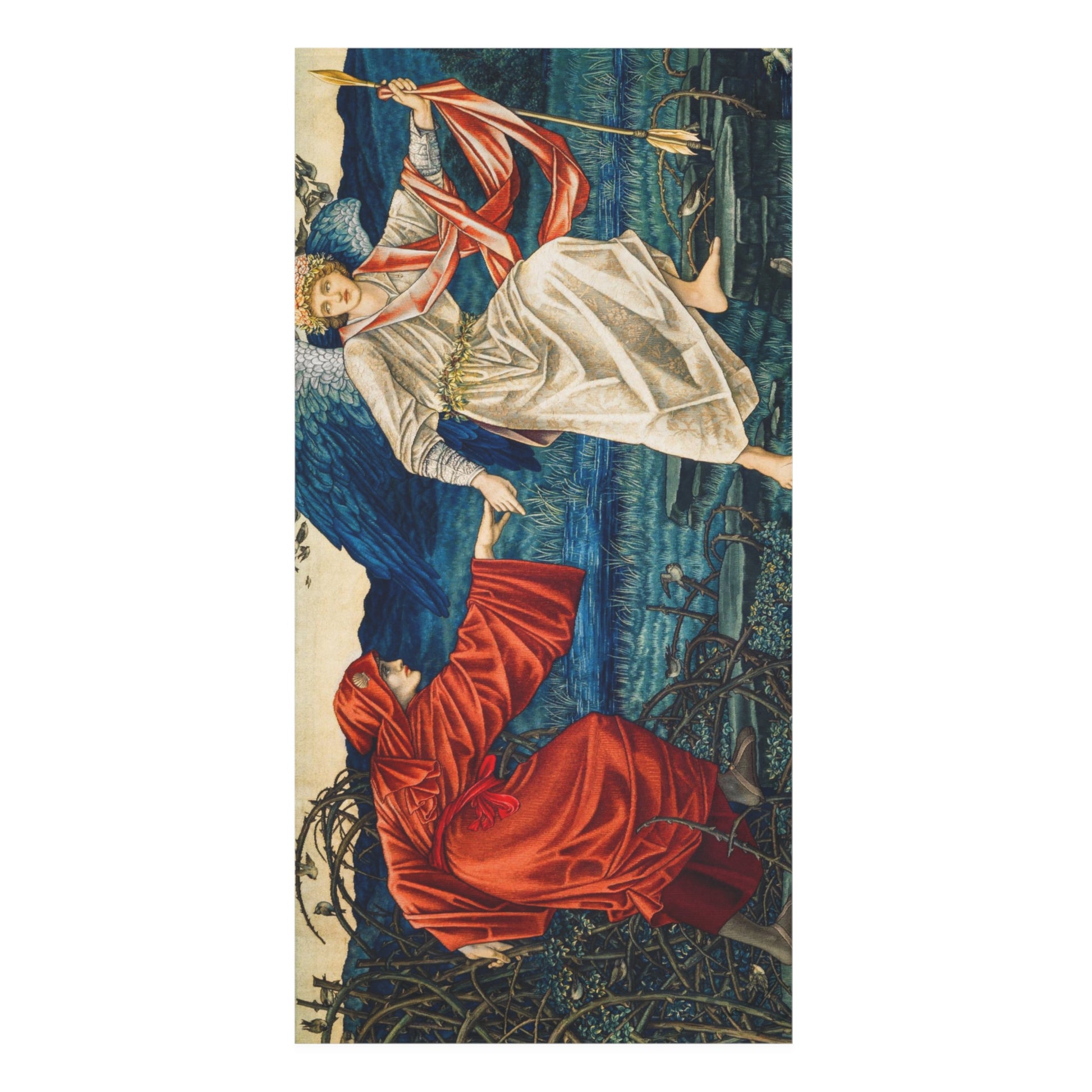 A vertical bath towel featuring a classical scene with two figures in flowing robes, one in white with red drapery and one in deep red, set against a dark blue forest background.