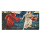 A wide rectangular bath towel showing a classical scene of a robed figure in red reaching toward an angel-like figure in white with a red drape, set against a blue mountainous landscape. The artwork is centered on a plain white background.