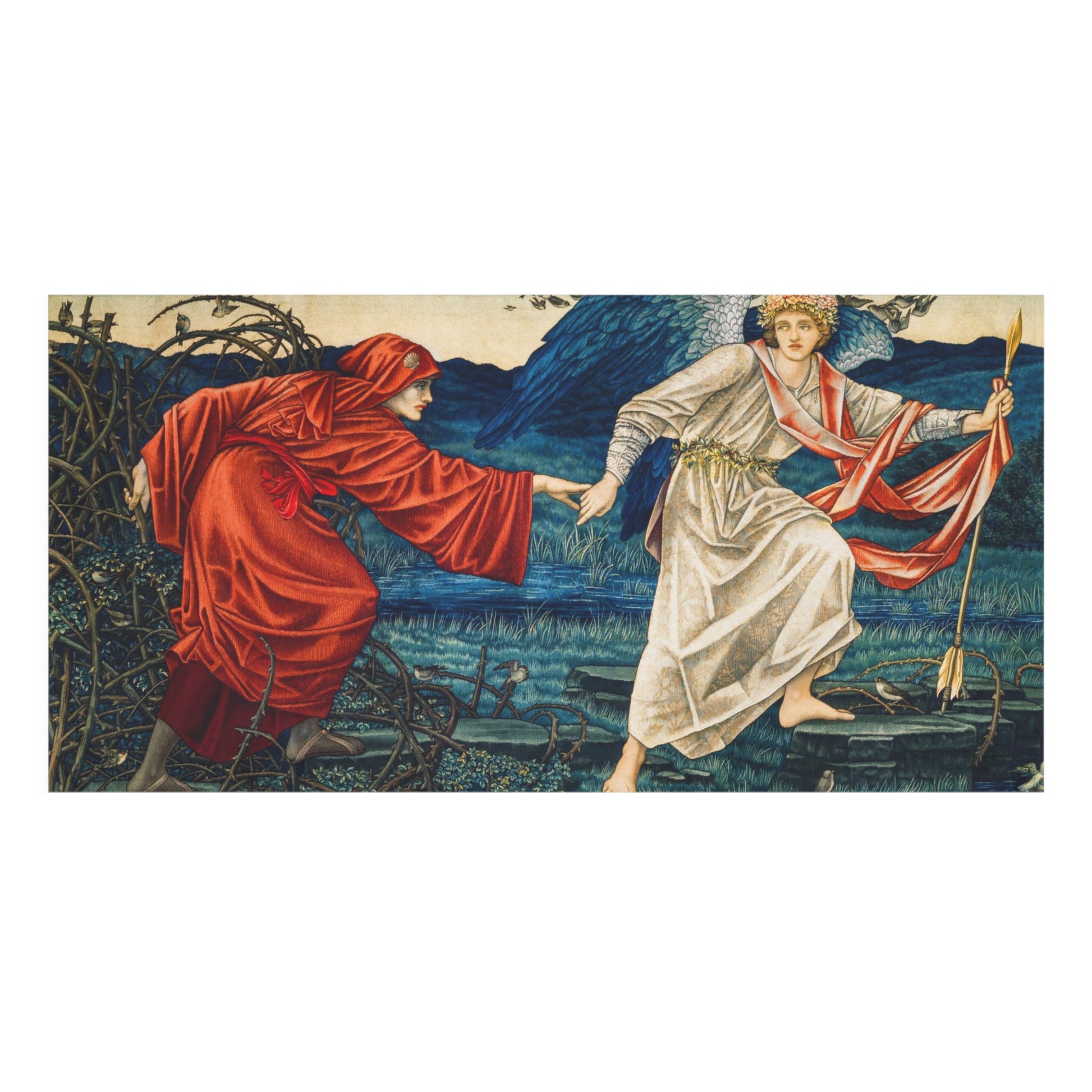 A wide rectangular bath towel showing a classical scene of a robed figure in red reaching toward an angel-like figure in white with a red drape, set against a blue mountainous landscape. The artwork is centered on a plain white background.