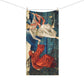 A vertical bath towel featuring a detailed reproduction of Giotto's Scrovegni Chapel fresco, depicting Saint George and the dragon, hanging from a clothesline with wooden clips against a solid white background.