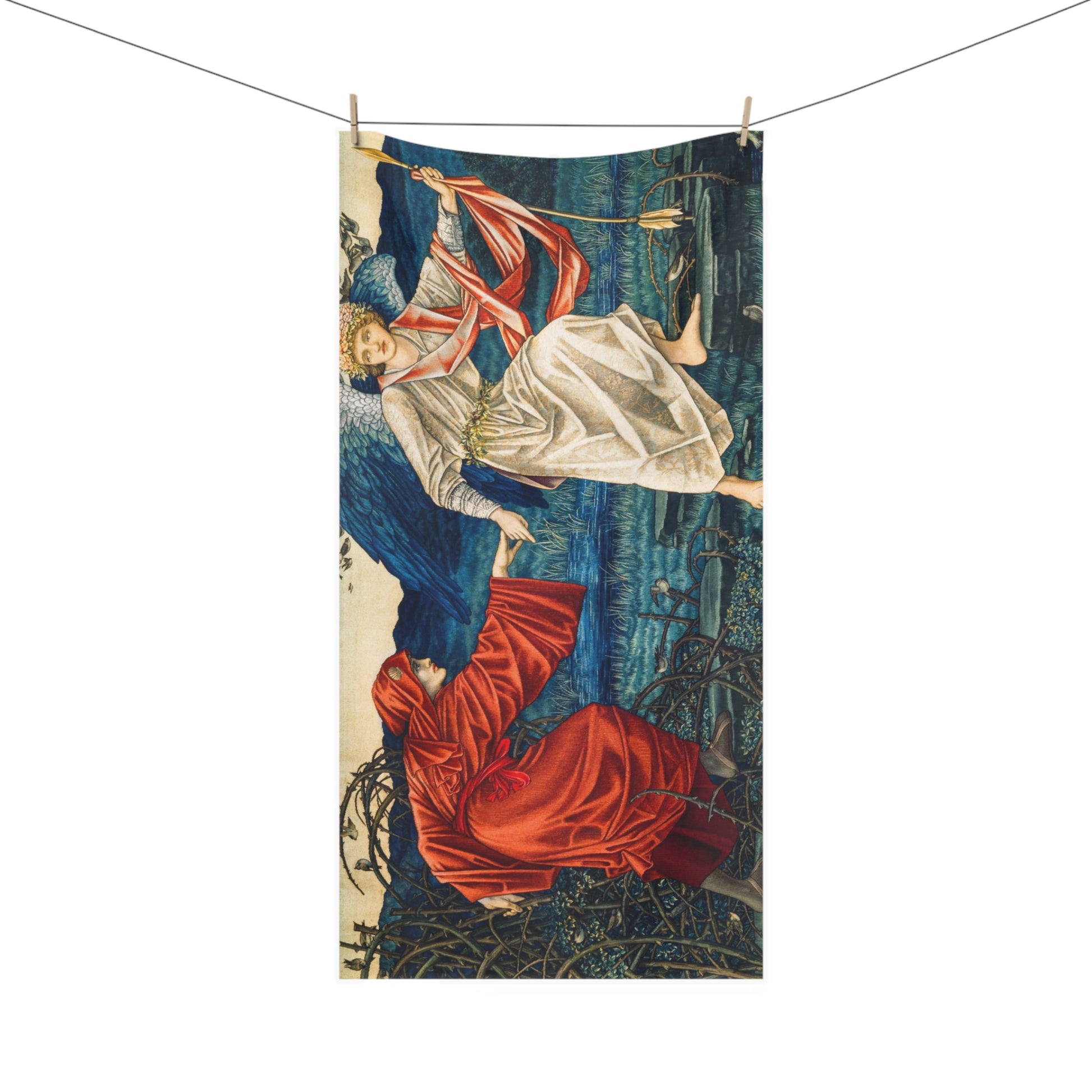 A vertical bath towel featuring a detailed reproduction of Giotto's Scrovegni Chapel fresco, depicting Saint George and the dragon, hanging from a clothesline with wooden clips against a solid white background.