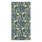 A rectangular bath towel featuring a dense botanical pattern with blue flowers, green leaves, and pale yellow vines on a dark navy background.