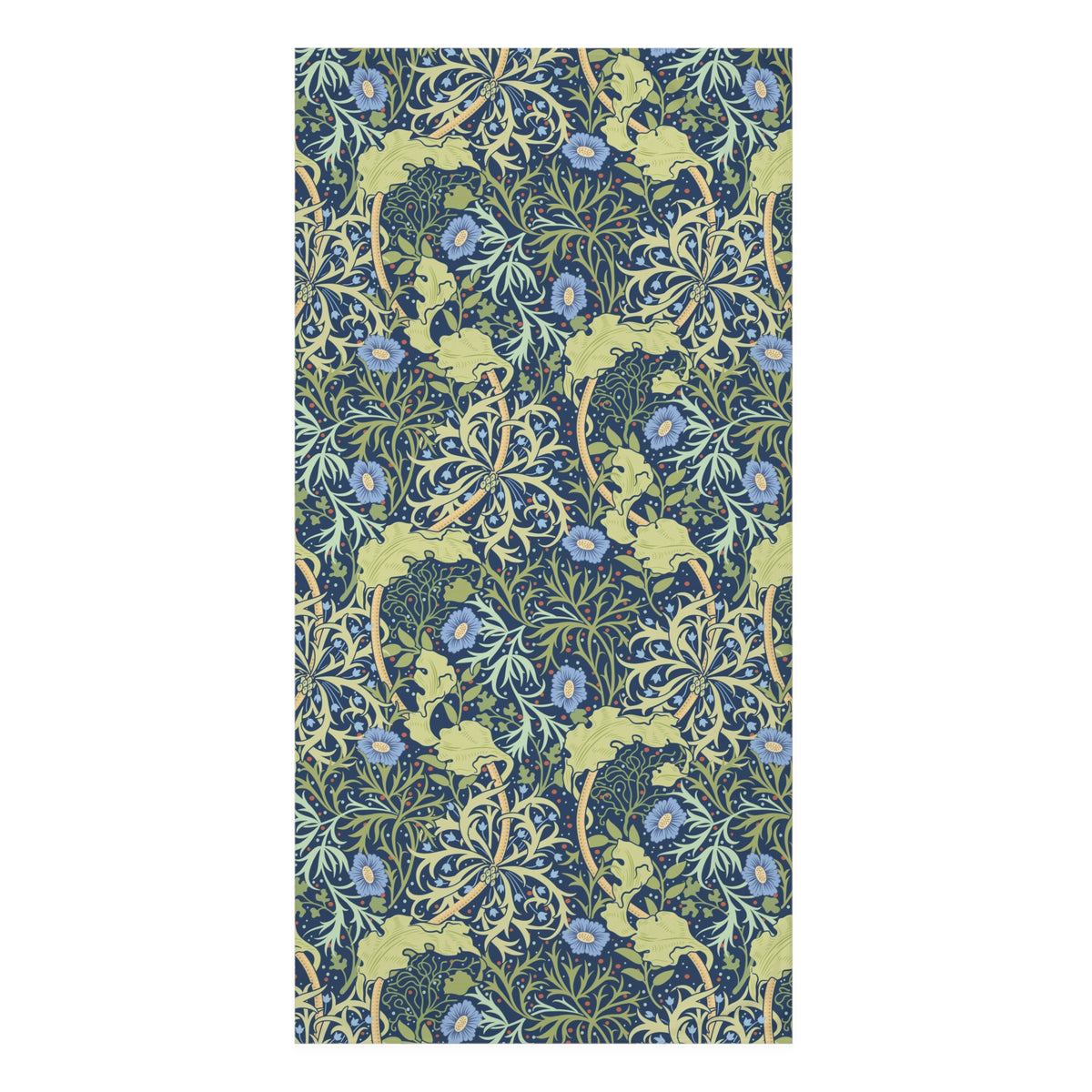 A rectangular bath towel featuring a dense botanical pattern with blue flowers, green leaves, and pale yellow vines on a dark navy background.