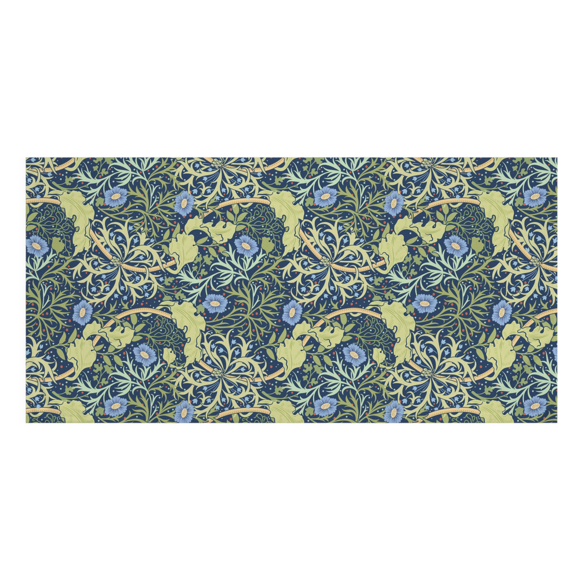 A rectangular bath towel featuring a dense botanical pattern in navy blue, sage green, and light blue, shown against a plain white background.