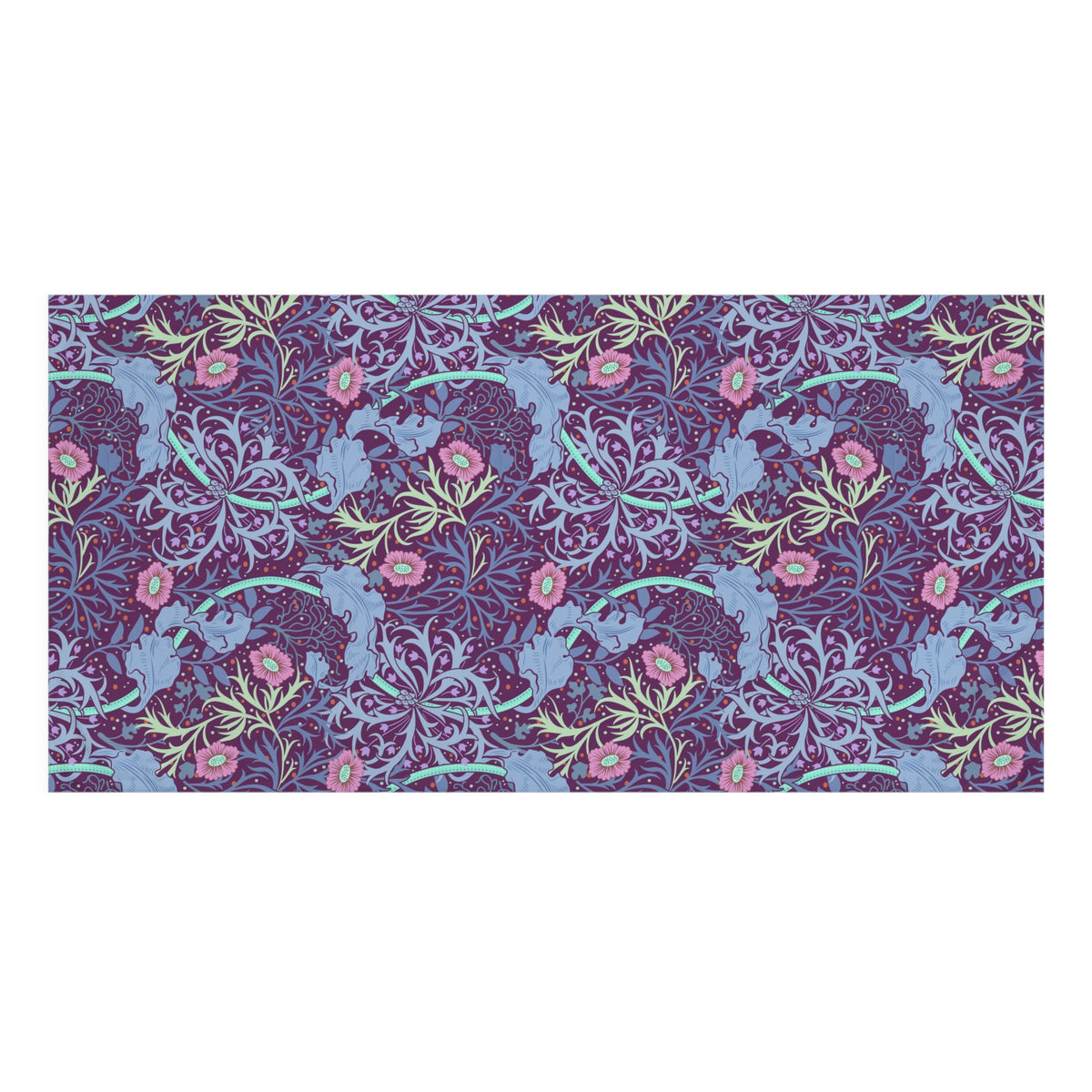 A rectangular bath towel featuring a dense botanical pattern with blue-gray leaves, pink flowers, and light green stems on a dark purple background, shown against a plain white backdrop.