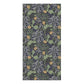 A rectangular bath towel featuring a dense botanical pattern with olive green leaves, dark purple flowers, and small yellow-orange blossoms on a muted gray background.