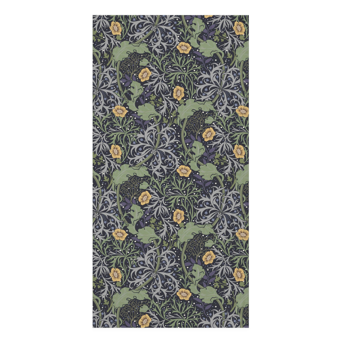A rectangular bath towel featuring a dense botanical pattern with olive green leaves, dark purple flowers, and small yellow-orange blossoms on a muted gray background.