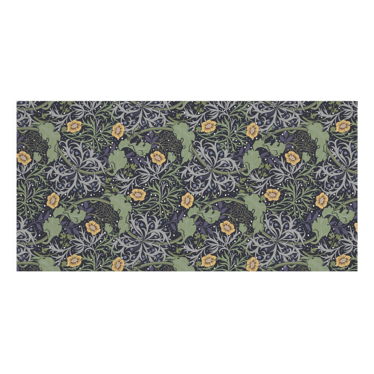A rectangular textile or fabric sample with a dense botanical pattern featuring green leaves, gray floral motifs, and small yellow flower accents on a dark background, shown against a plain white backdrop.