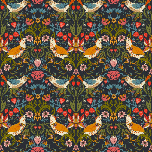 Patterned design with birds, flowers, and leaves on a dark background