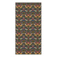 A tall rectangular textile or wallpaper panel featuring a dense, symmetrical floral and bird pattern in dark green, teal, pink, orange, and cream, shown centered on a plain white background.