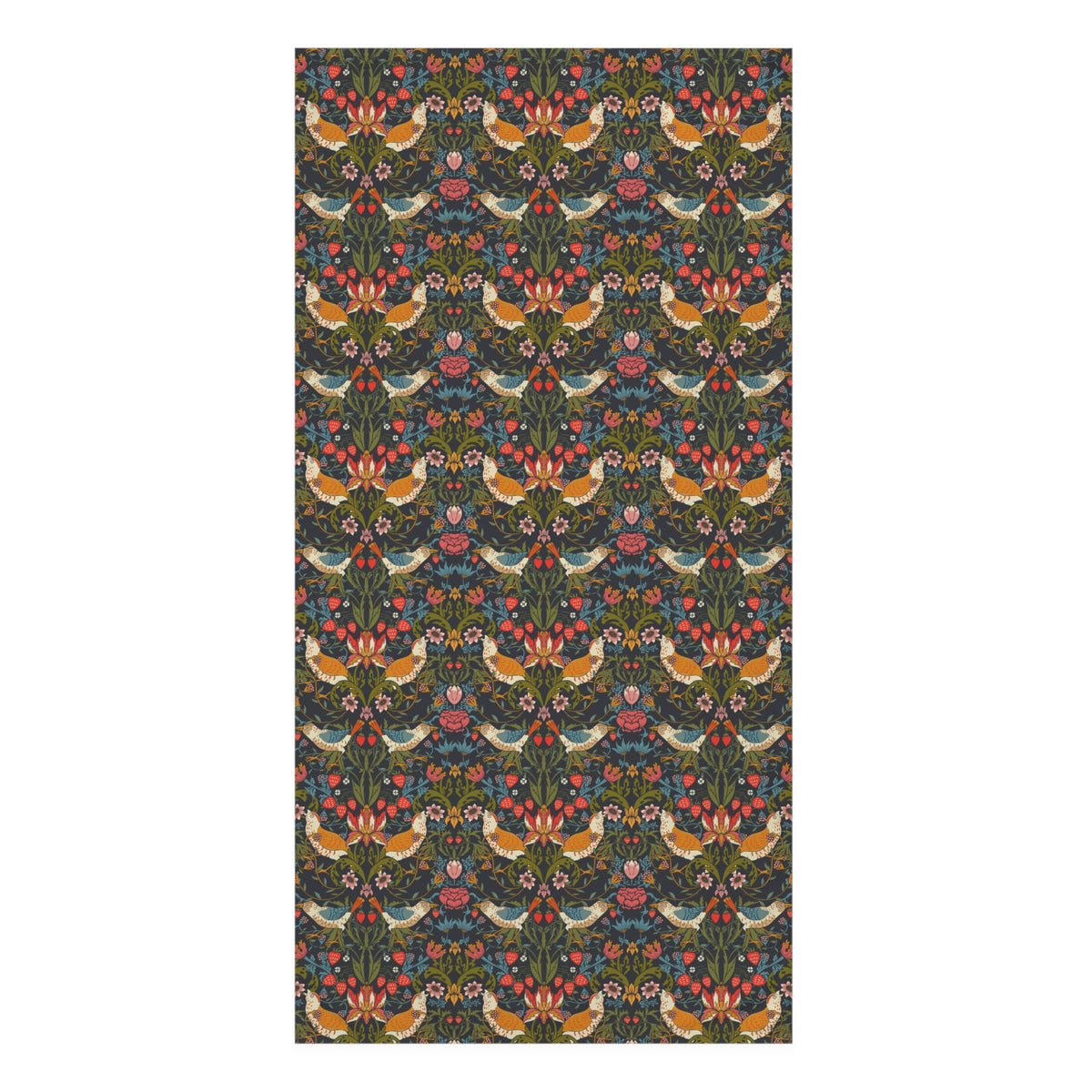 A tall rectangular textile or wallpaper panel featuring a dense, symmetrical floral and bird pattern in dark green, teal, pink, orange, and cream, shown centered on a plain white background.