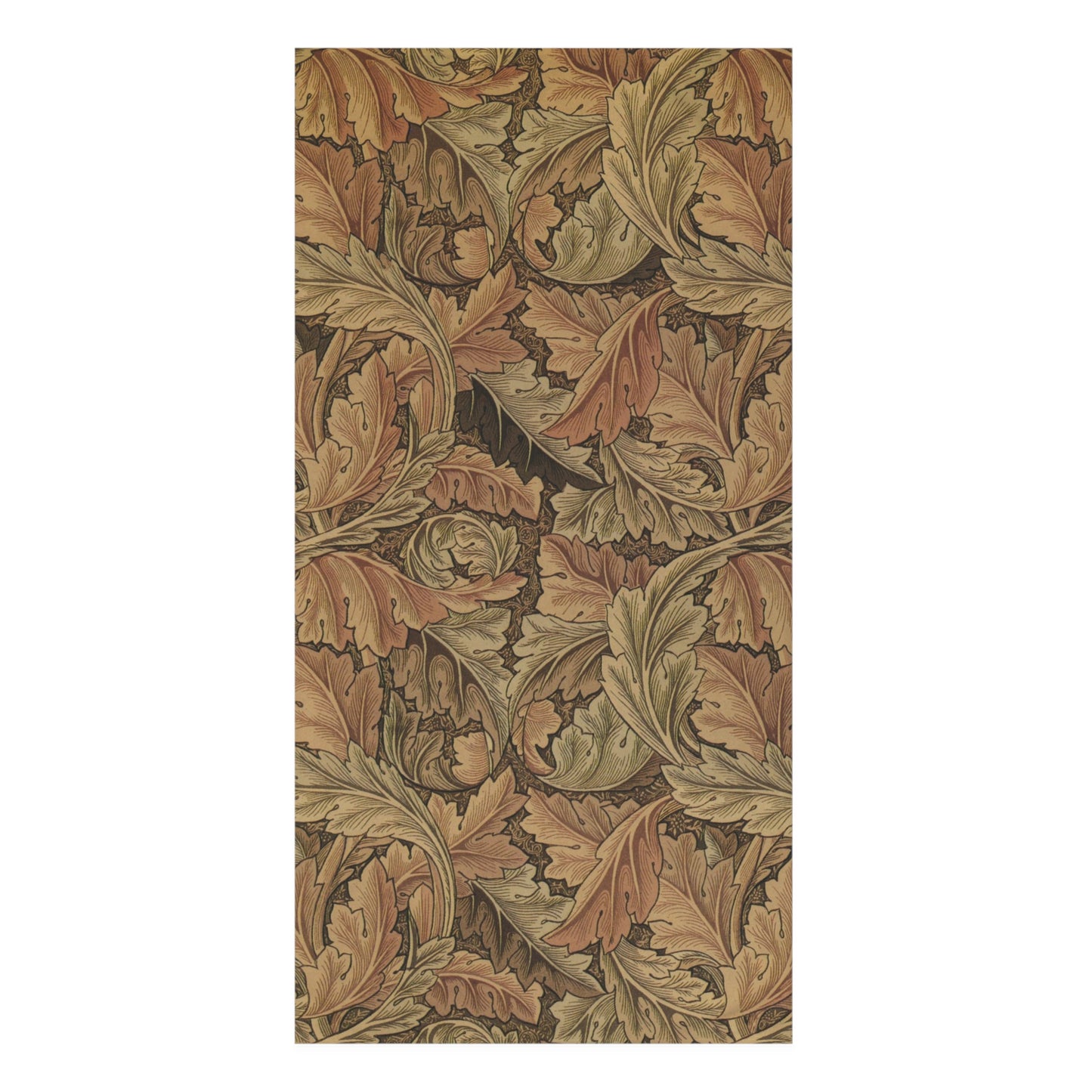 A vertical rectangular textile or wallpaper panel featuring a dense, symmetrical botanical pattern of overlapping oak leaves and acorns in earthy tones of brown, tan, beige, and muted olive green, shown against a plain white background.